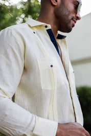 Men's 100% Linen Guayabera Shirt Long Sleeve with Contrast Trim & Modern Pleats