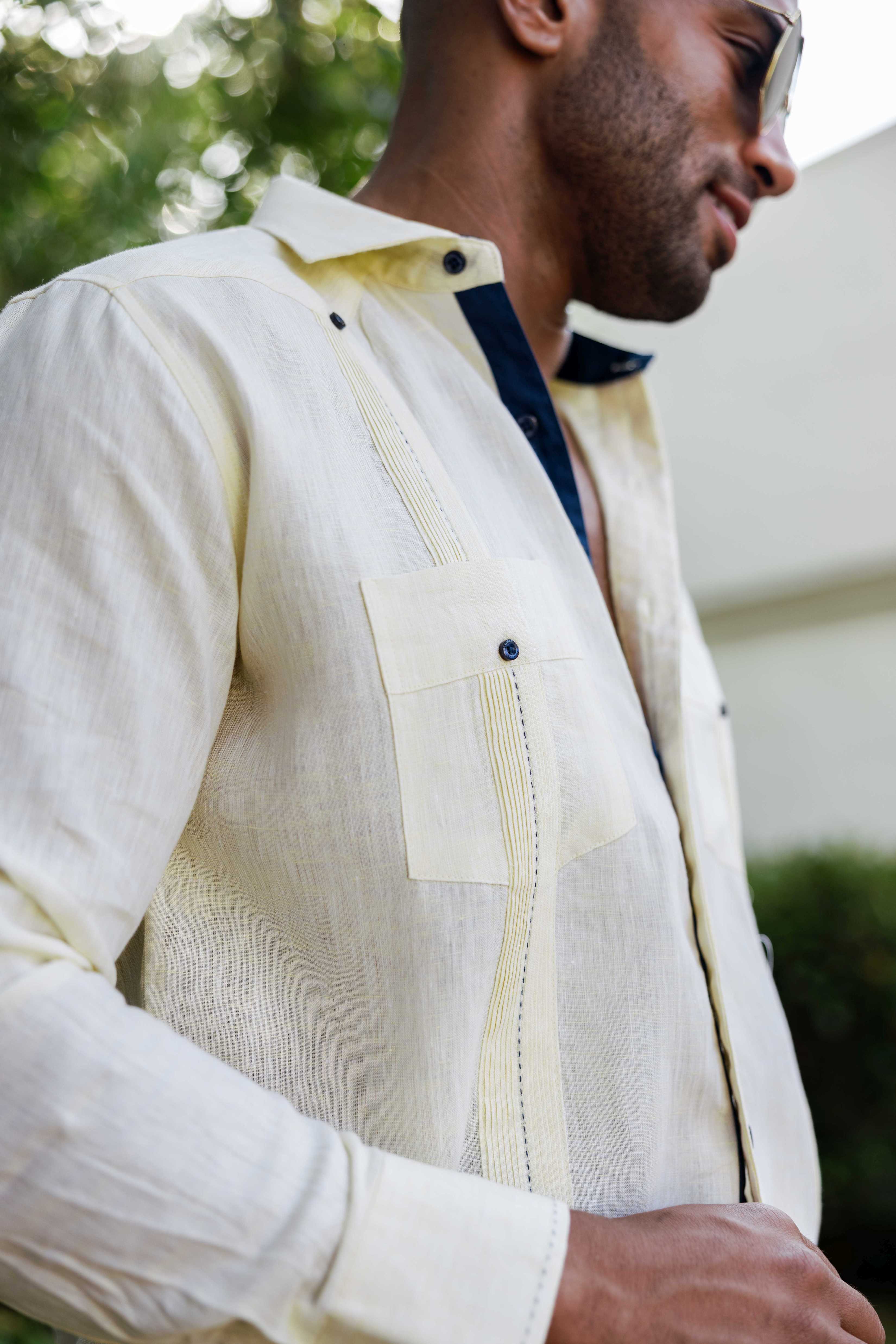 Men's 100% Linen Guayabera Shirt Long Sleeve with Contrast Trim & Modern Pleats