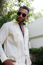 Men's 100% Linen Guayabera Shirt Long Sleeve with Contrast Trim & Modern Pleats