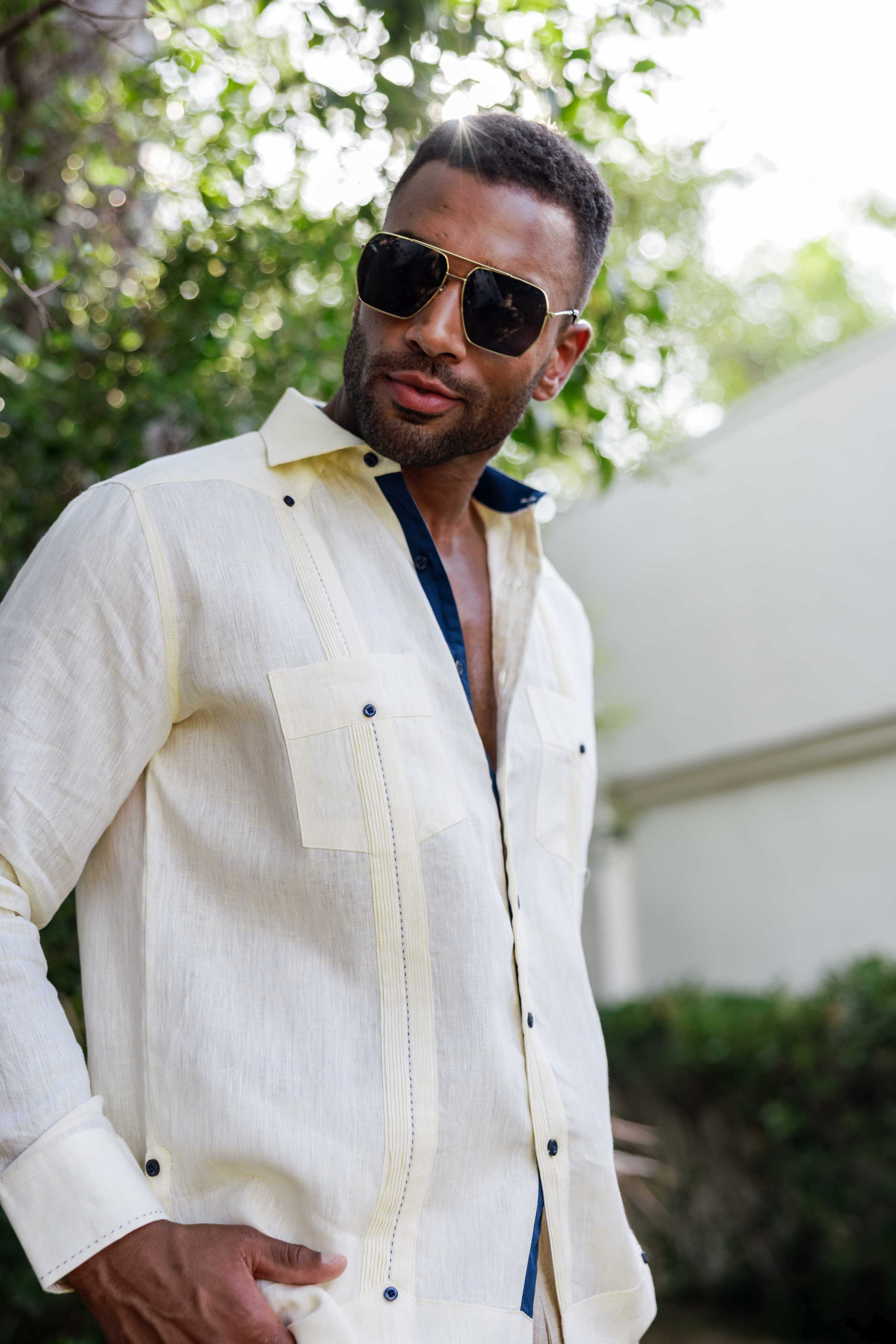 Men's 100% Linen Guayabera Shirt Long Sleeve with Contrast Trim & Modern Pleats