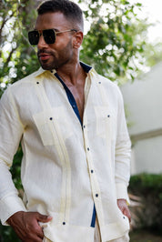 Men's 100% Linen Guayabera Shirt Long Sleeve with Contrast Trim & Modern Pleats
