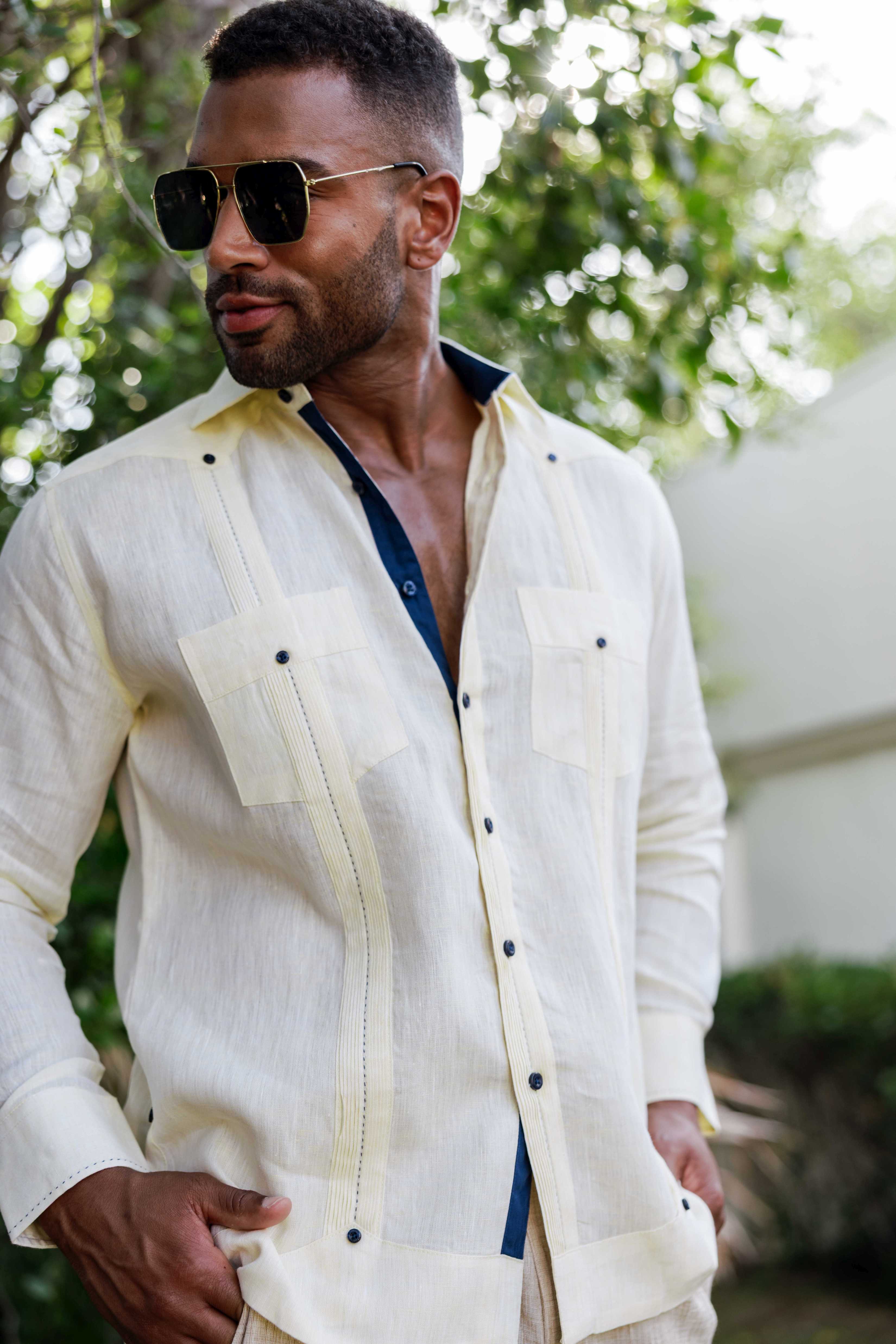 Men's 100% Linen Guayabera Shirt Long Sleeve with Contrast Trim & Modern Pleats