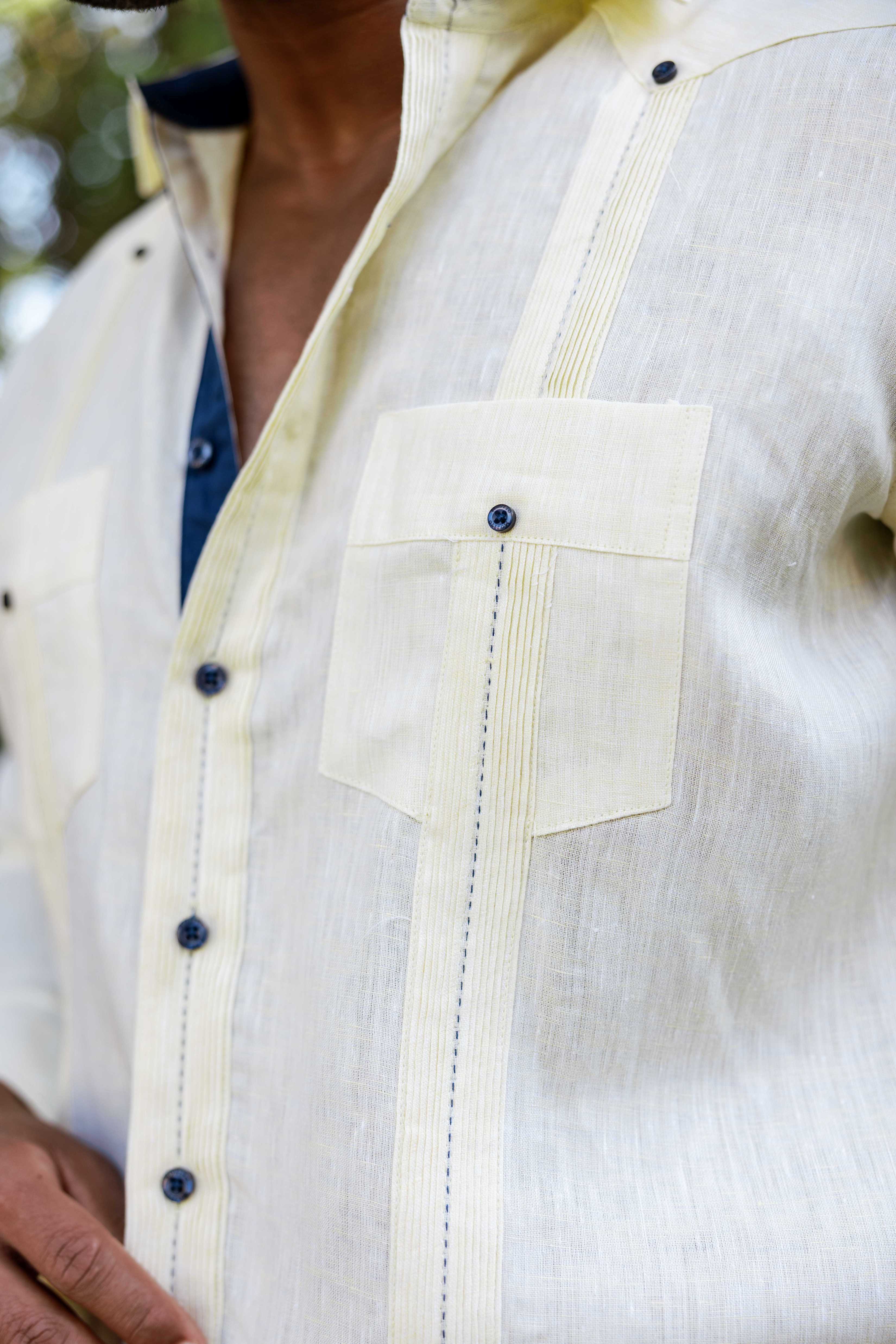 Men's 100% Linen Guayabera Shirt Long Sleeve with Contrast Trim & Modern Pleats