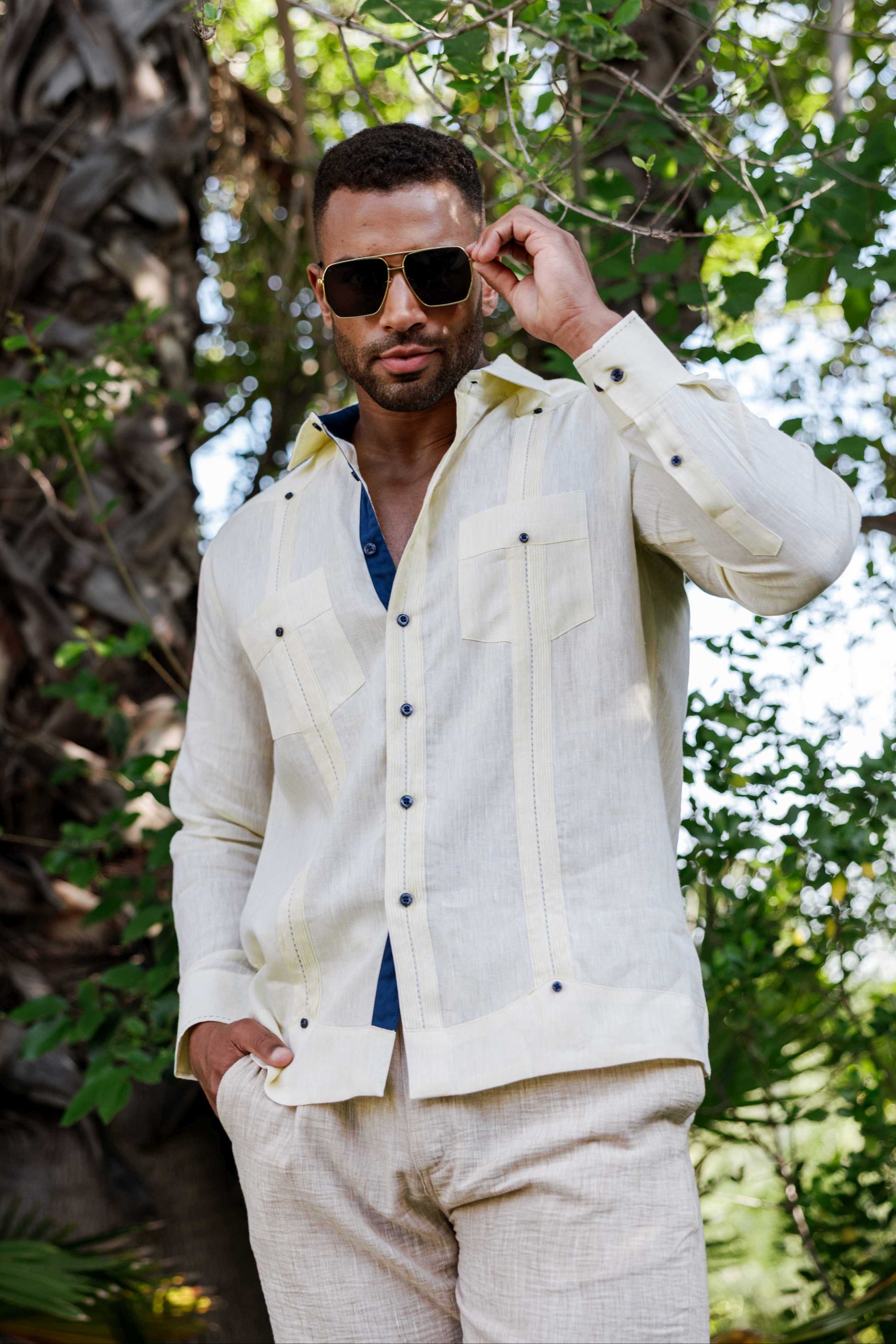 Men's 100% Linen Guayabera Shirt Long Sleeve with Contrast Trim & Modern Pleats