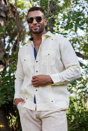 Men's 100% Linen Guayabera Shirt Long Sleeve with Contrast Trim & Modern Pleats
