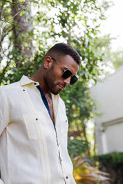 Men's 100% Linen Guayabera Shirt Long Sleeve with Contrast Trim & Modern Pleats