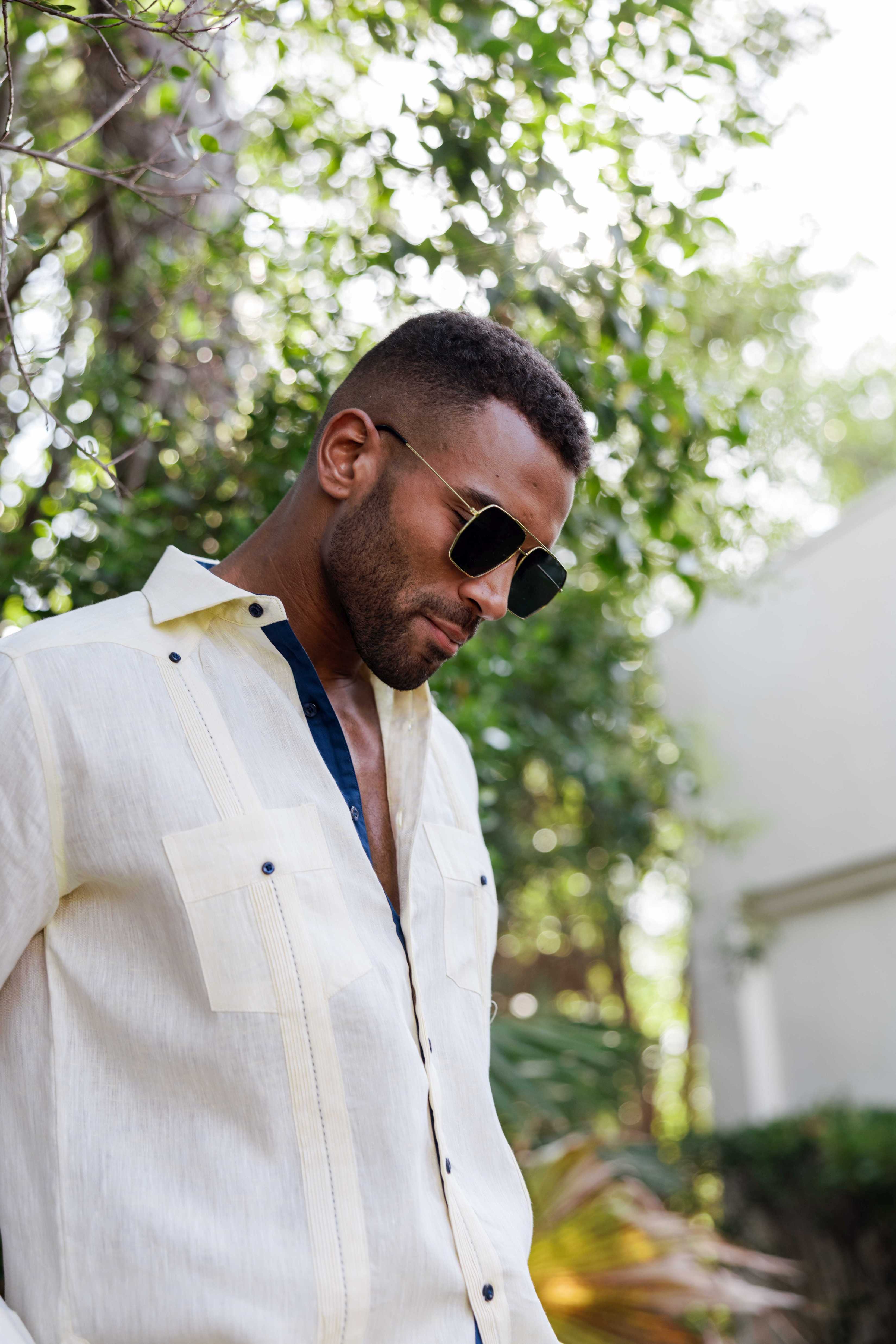 Men's 100% Linen Guayabera Shirt Long Sleeve with Contrast Trim & Modern Pleats