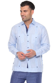 Men's 100% Linen Guayabera Shirt Long Sleeve with Contrast Trim & Modern Pleats