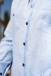 Men's 100% Linen Guayabera Shirt Long Sleeve with Contrast Trim & Modern Pleats