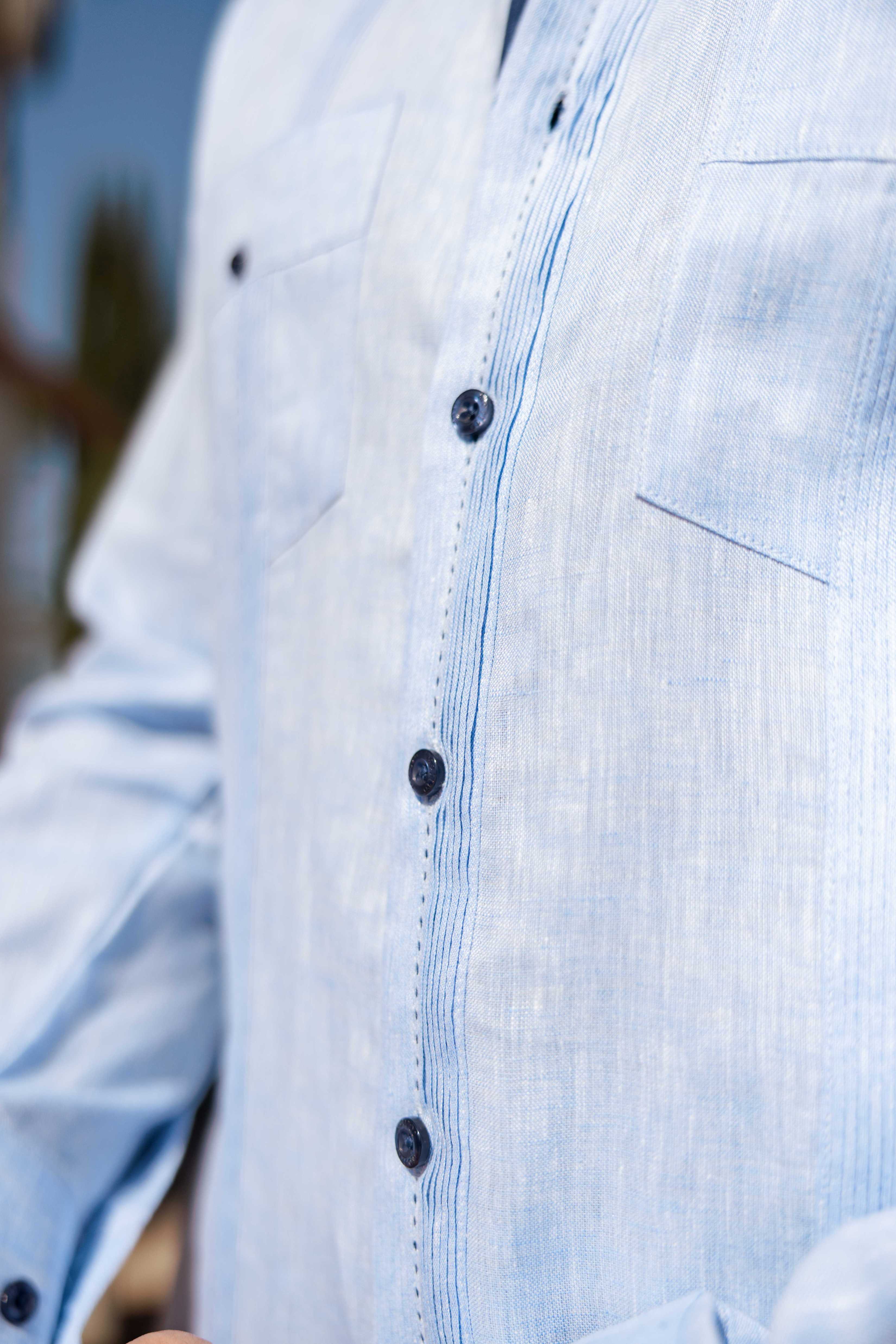 Men's 100% Linen Guayabera Shirt Long Sleeve with Contrast Trim & Modern Pleats