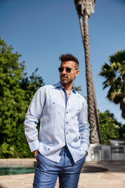Men's 100% Linen Guayabera Shirt Long Sleeve with Contrast Trim & Modern Pleats