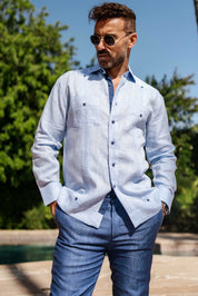 Men's 100% Linen Guayabera Shirt Long Sleeve with Contrast Trim & Modern Pleats