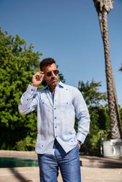 Men's 100% Linen Guayabera Shirt Long Sleeve with Contrast Trim & Modern Pleats