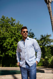 Men's 100% Linen Guayabera Shirt Long Sleeve with Contrast Trim & Modern Pleats