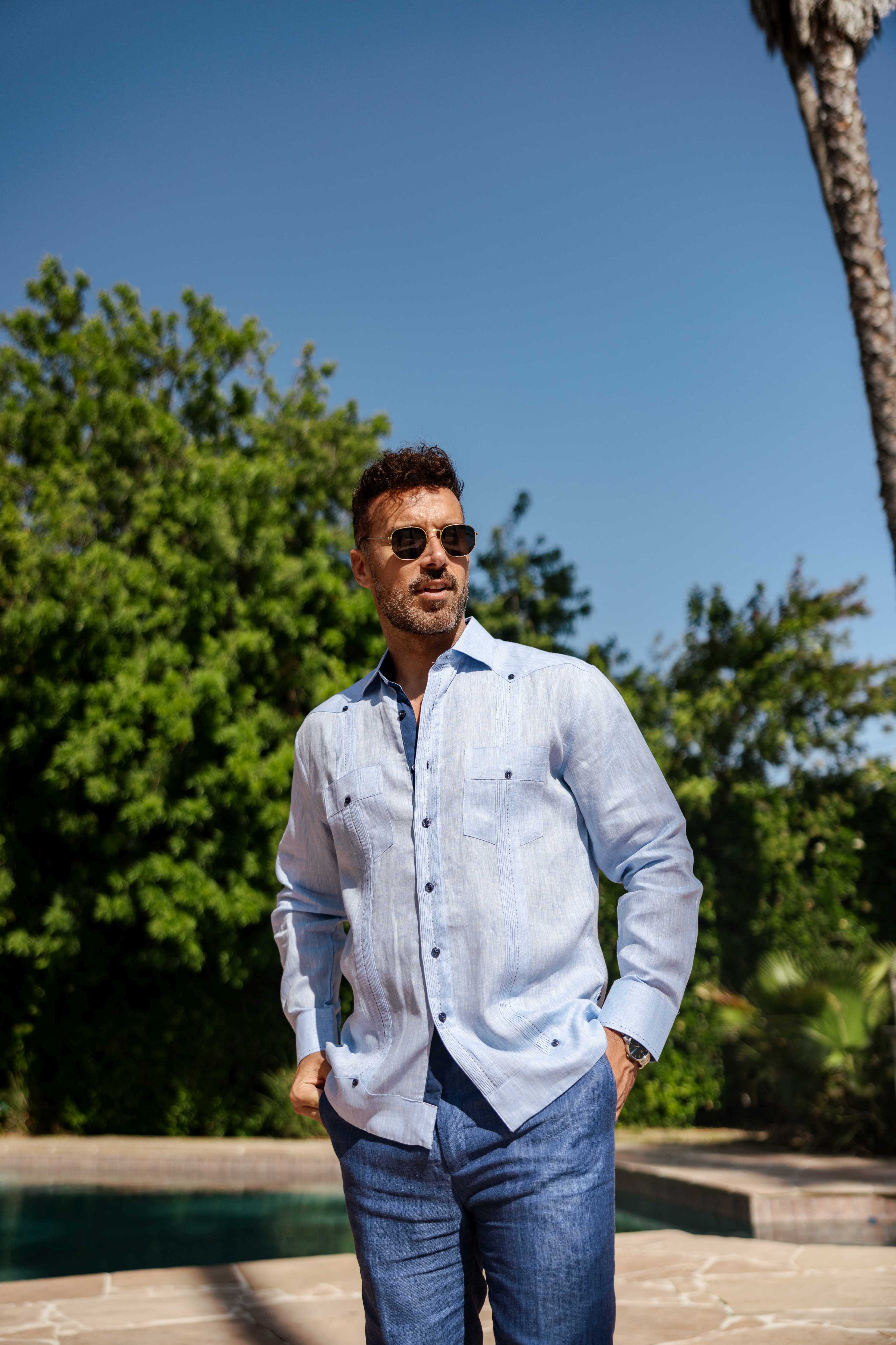 Men's 100% Linen Guayabera Shirt Long Sleeve with Contrast Trim & Modern Pleats