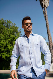 Men's 100% Linen Guayabera Shirt Long Sleeve with Contrast Trim & Modern Pleats