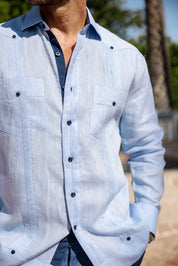 Men's 100% Linen Guayabera Shirt Long Sleeve with Contrast Trim & Modern Pleats