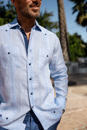 Men's 100% Linen Guayabera Shirt Long Sleeve with Contrast Trim & Modern Pleats