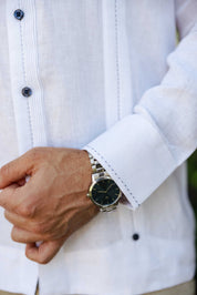 Men's 100% Linen Guayabera Shirt Long Sleeve with Contrast Trim & Modern Pleats