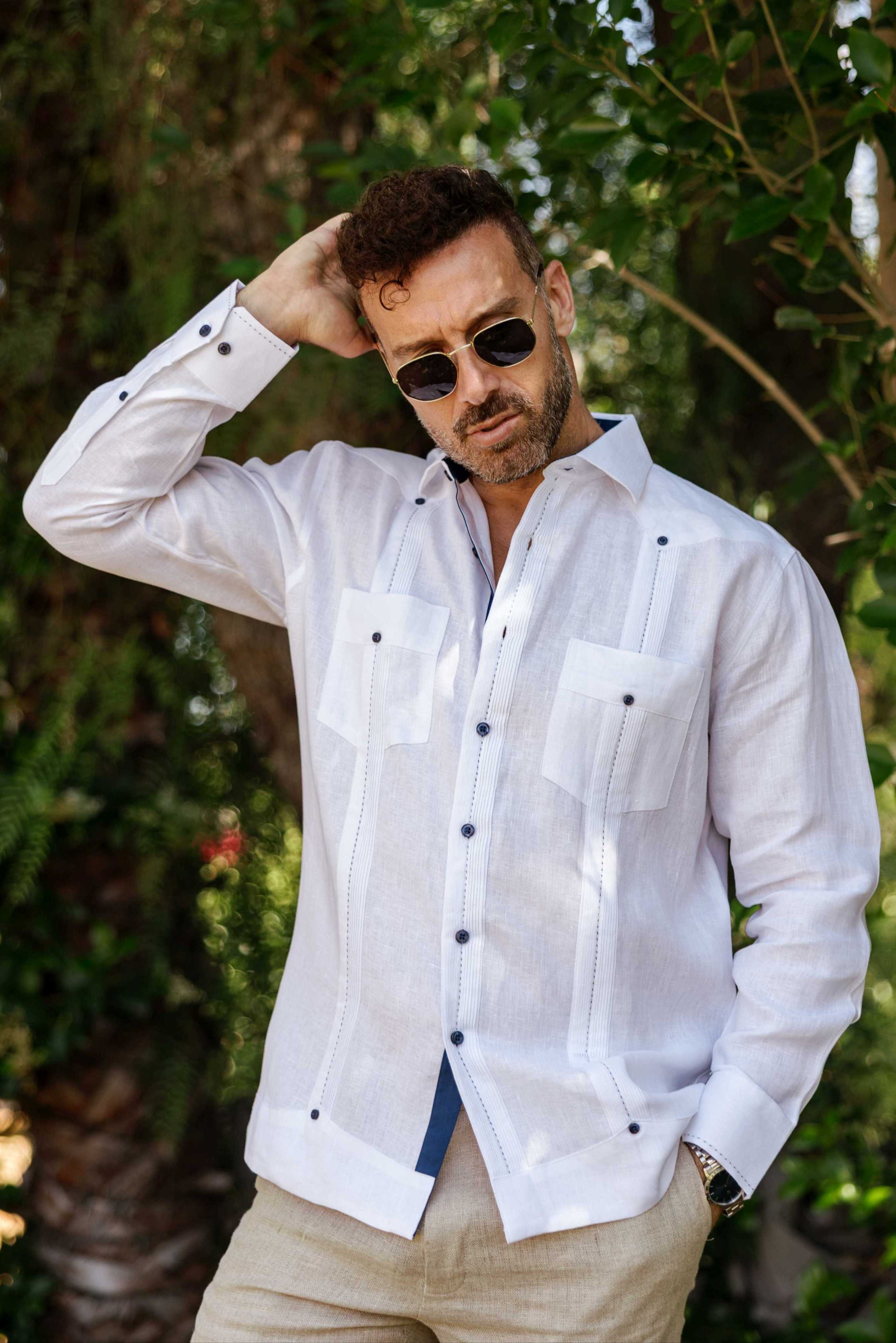 Men's 100% Linen Guayabera Shirt Long Sleeve with Contrast Trim & Modern Pleats