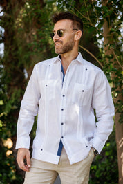 Men's 100% Linen Guayabera Shirt Long Sleeve with Contrast Trim & Modern Pleats