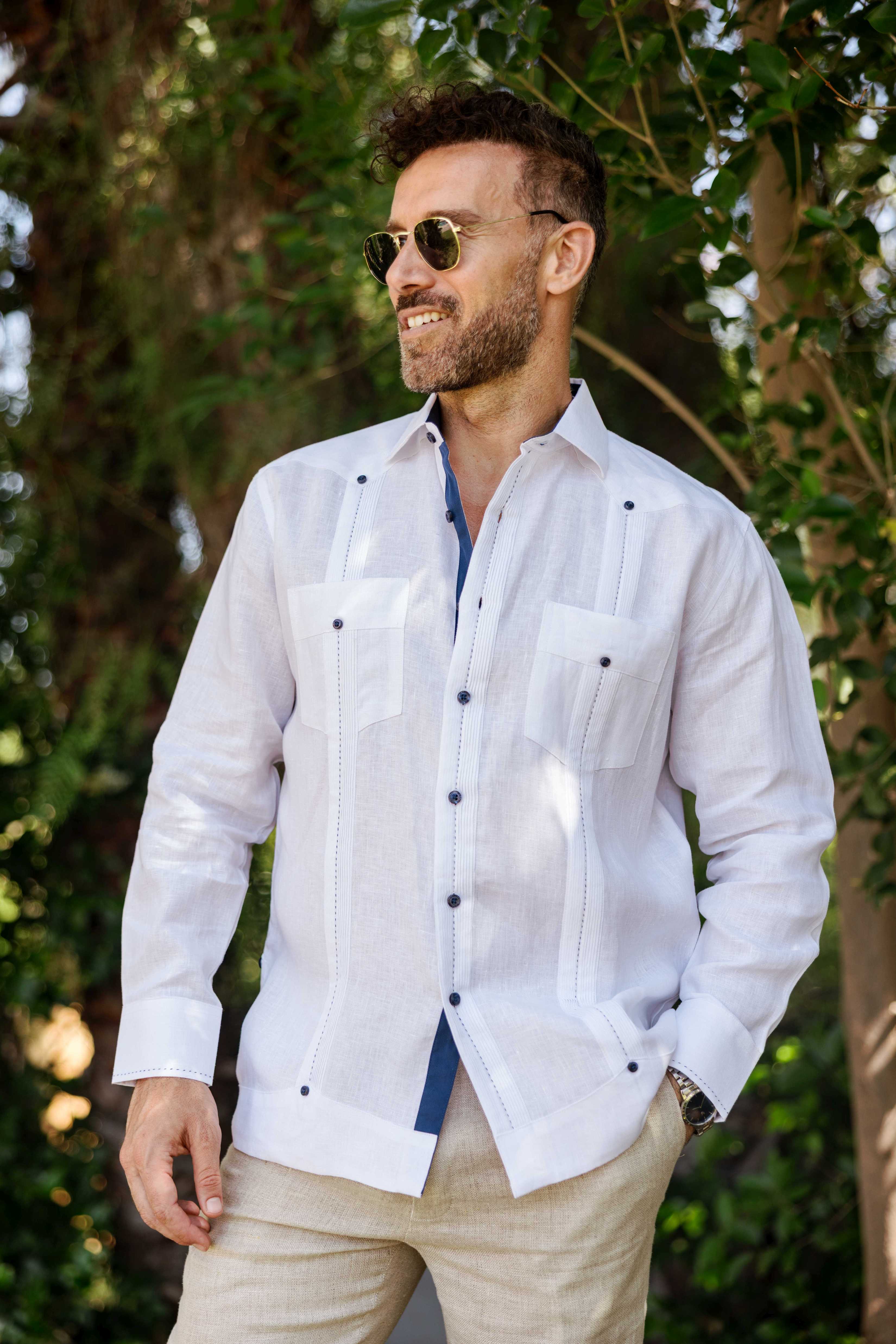 Men's 100% Linen Guayabera Shirt Long Sleeve with Contrast Trim & Modern Pleats