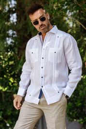 Men's 100% Linen Guayabera Shirt Long Sleeve with Contrast Trim & Modern Pleats