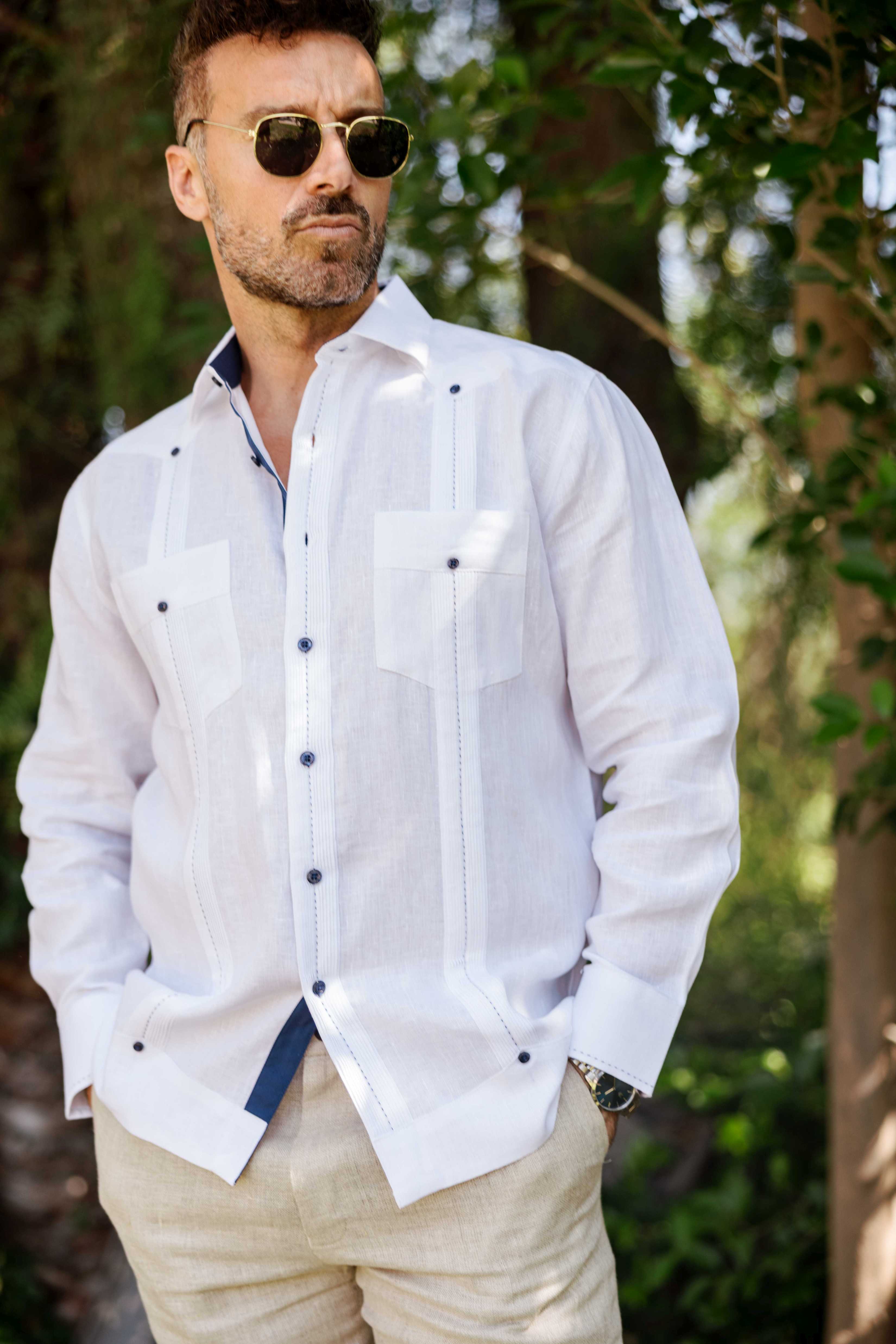 Men's 100% Linen Guayabera Shirt Long Sleeve with Contrast Trim & Modern Pleats