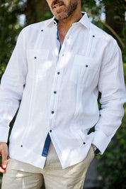 Men's 100% Linen Guayabera Shirt Long Sleeve with Contrast Trim & Modern Pleats