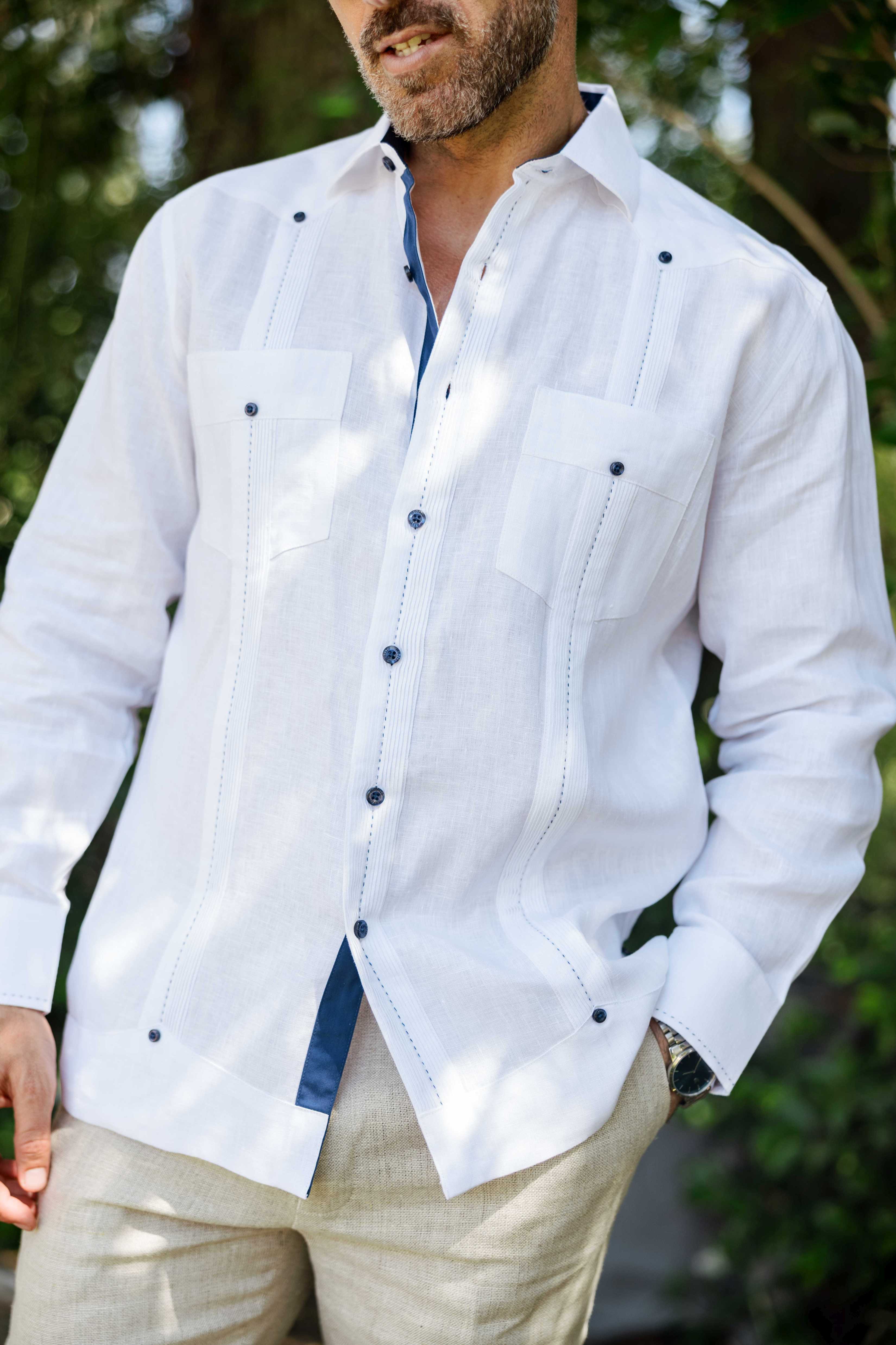Men's 100% Linen Guayabera Shirt Long Sleeve with Contrast Trim & Modern Pleats