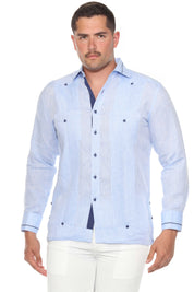 Men's 100% Linen Guayabera Shirt Long Sleeve - Contrast Vertical & Collar Accent Trim