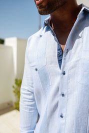 Men's 100% Linen Guayabera Shirt Long Sleeve - Contrast Vertical & Collar Accent Trim