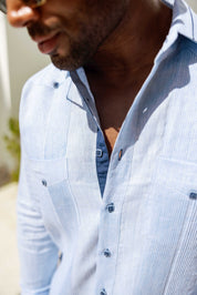 Men's 100% Linen Guayabera Shirt Long Sleeve - Contrast Vertical & Collar Accent Trim