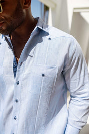 Men's 100% Linen Guayabera Shirt Long Sleeve - Contrast Vertical & Collar Accent Trim