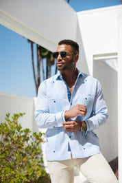 Men's 100% Linen Guayabera Shirt Long Sleeve - Contrast Vertical & Collar Accent Trim