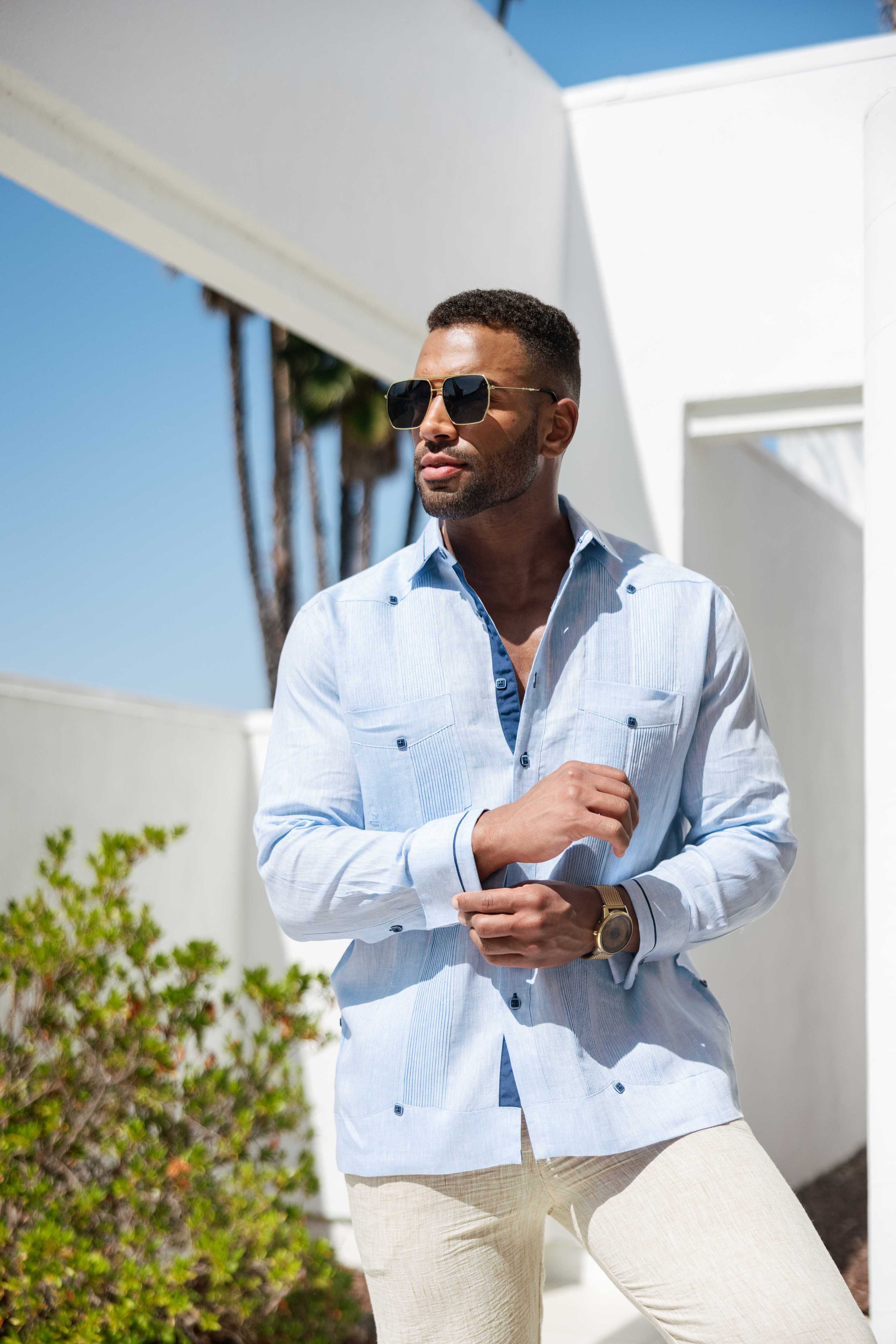 Men's 100% Linen Guayabera Shirt Long Sleeve - Contrast Vertical & Collar Accent Trim