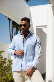 Men's 100% Linen Guayabera Shirt Long Sleeve - Contrast Vertical & Collar Accent Trim