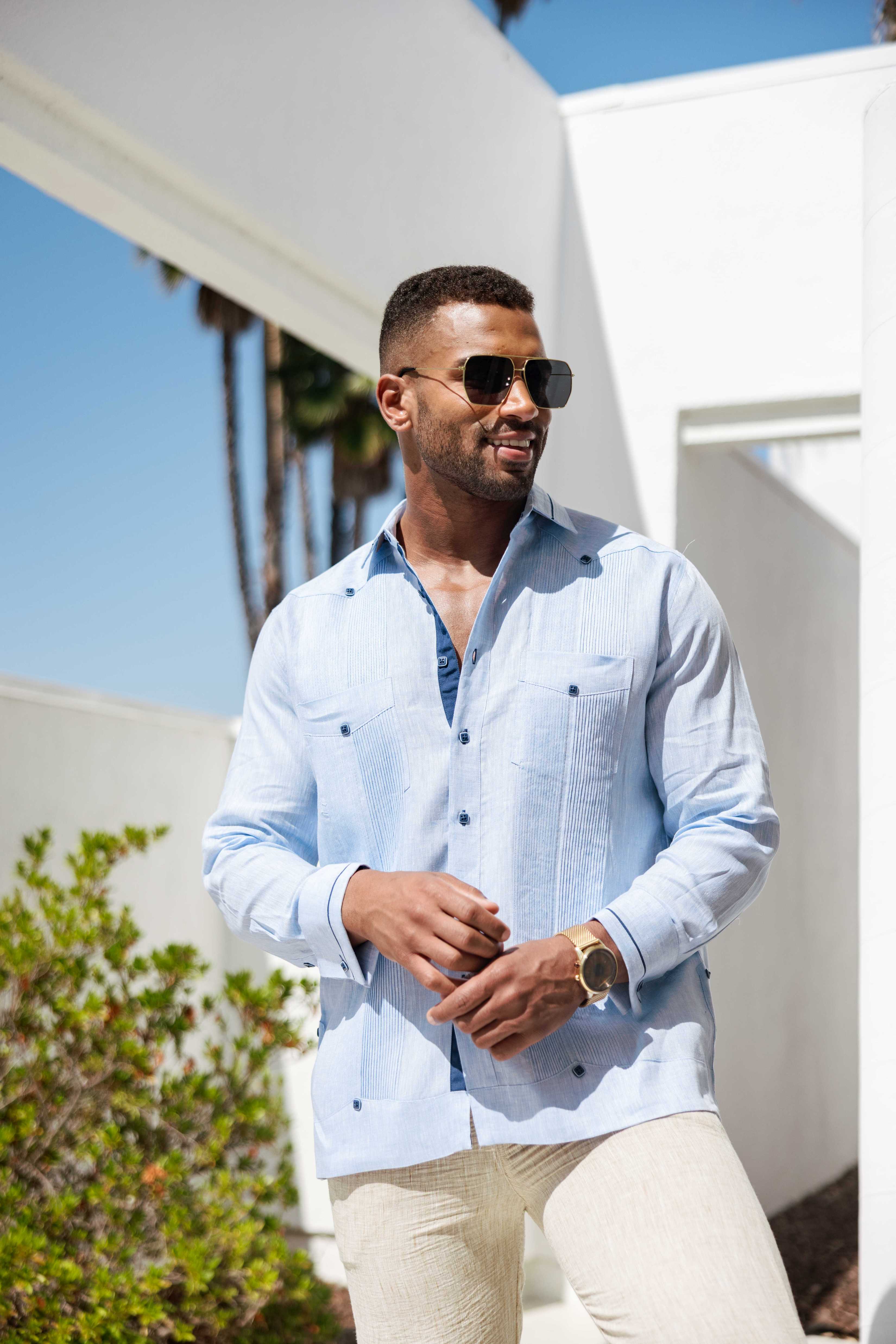 Men's 100% Linen Guayabera Shirt Long Sleeve - Contrast Vertical & Collar Accent Trim