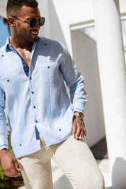 Men's 100% Linen Guayabera Shirt Long Sleeve - Contrast Vertical & Collar Accent Trim