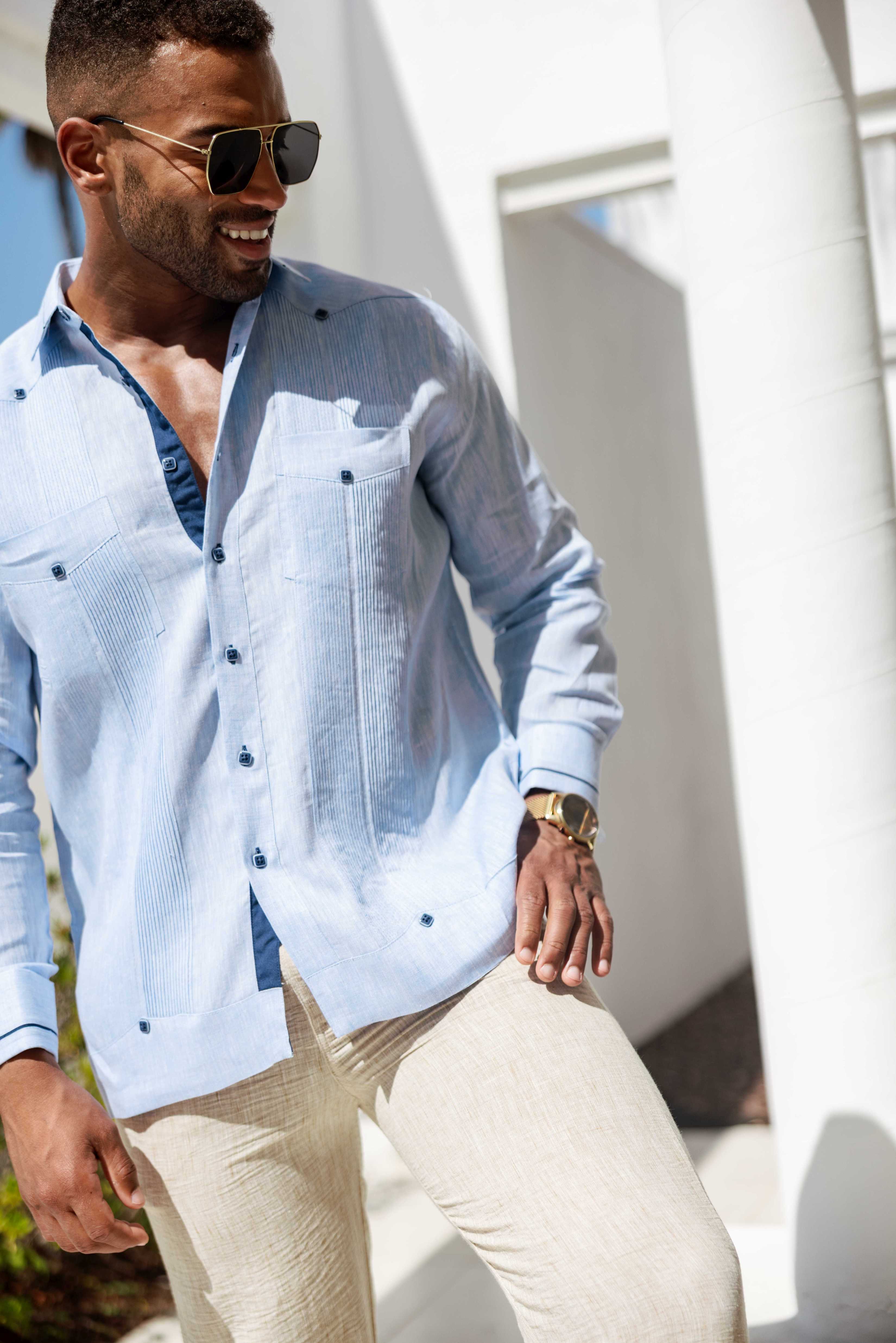 Men's 100% Linen Guayabera Shirt Long Sleeve - Contrast Vertical & Collar Accent Trim