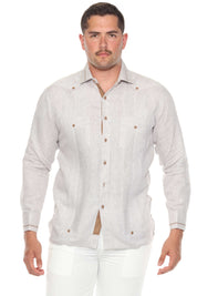 Men's 100% Linen Guayabera Shirt Long Sleeve - Contrast Vertical & Collar Accent Trim