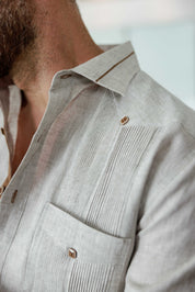 Men's 100% Linen Guayabera Shirt Long Sleeve - Contrast Vertical & Collar Accent Trim