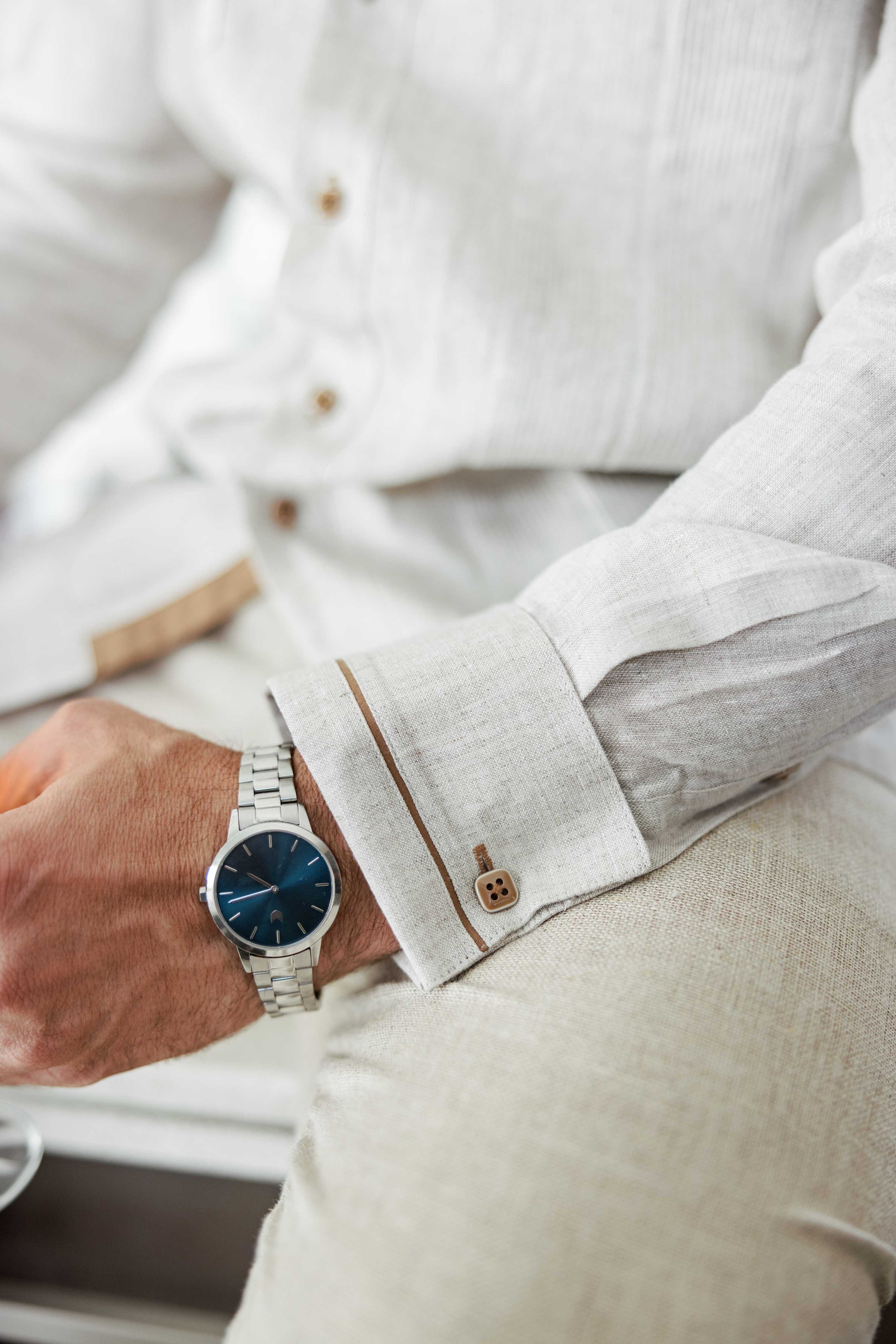 Men's 100% Linen Guayabera Shirt Long Sleeve - Contrast Vertical & Collar Accent Trim