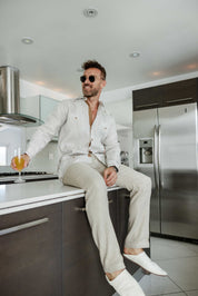 Men's 100% Linen Guayabera Shirt Long Sleeve - Contrast Vertical & Collar Accent Trim