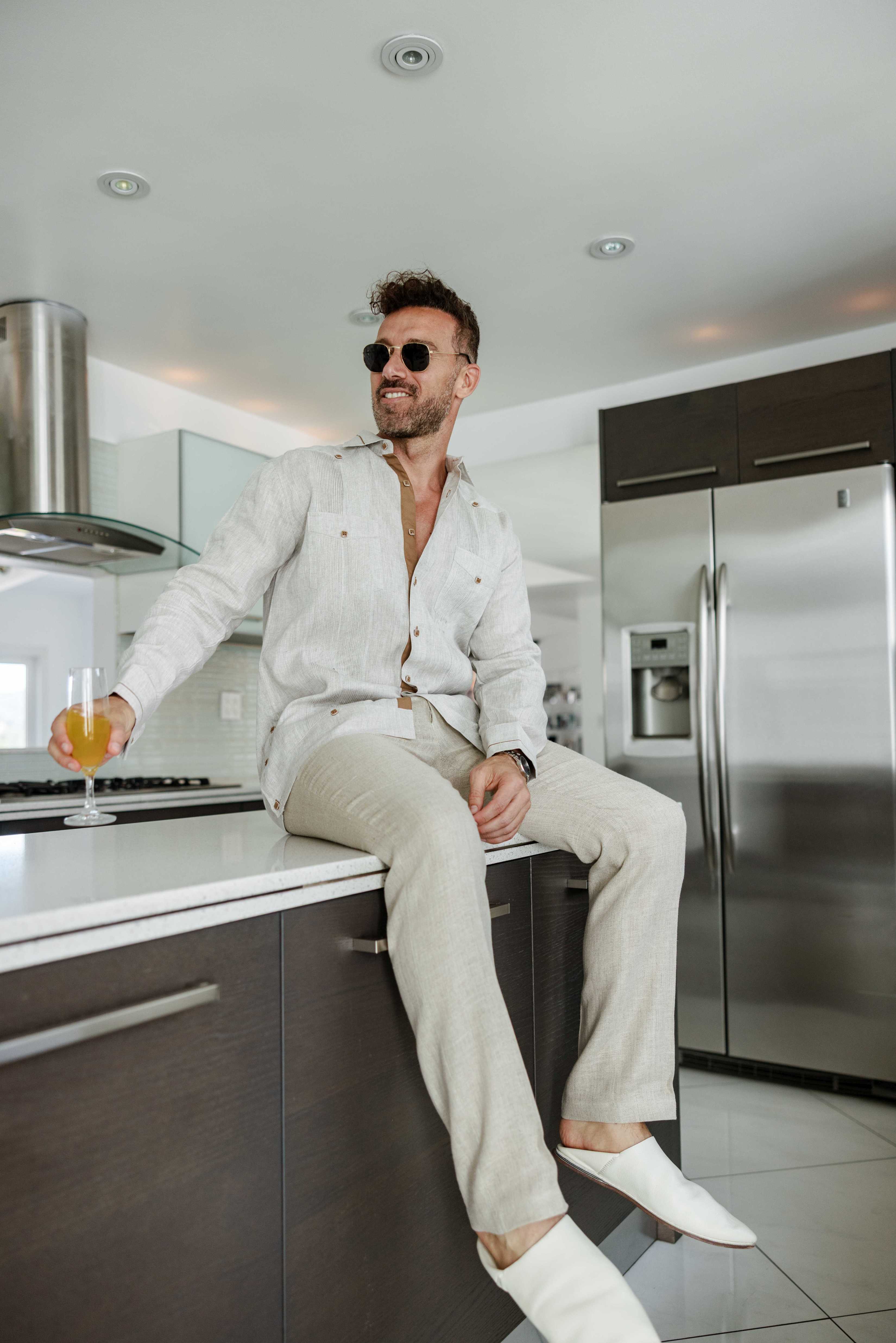 Men's 100% Linen Guayabera Shirt Long Sleeve - Contrast Vertical & Collar Accent Trim