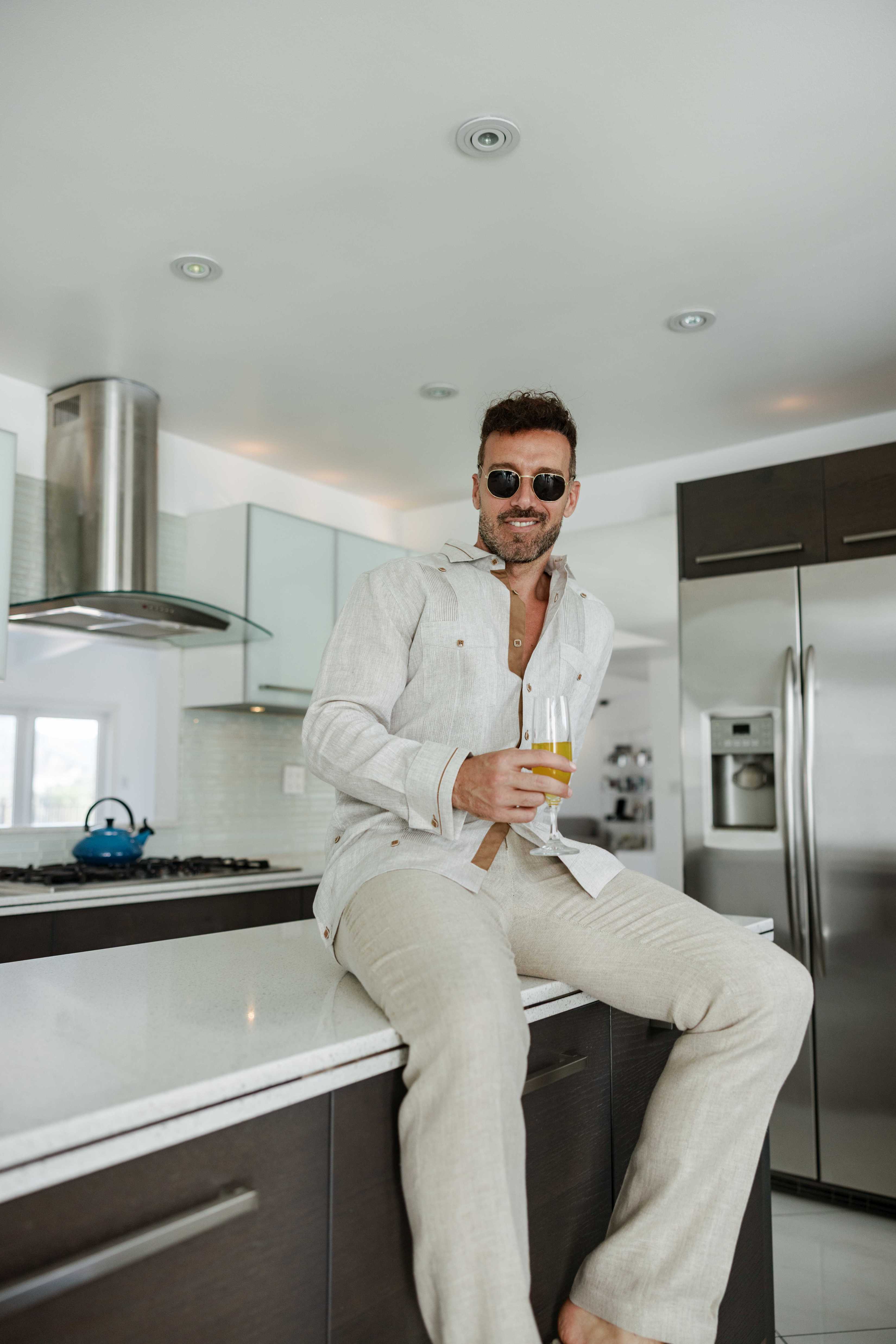 Men's 100% Linen Guayabera Shirt Long Sleeve - Contrast Vertical & Collar Accent Trim