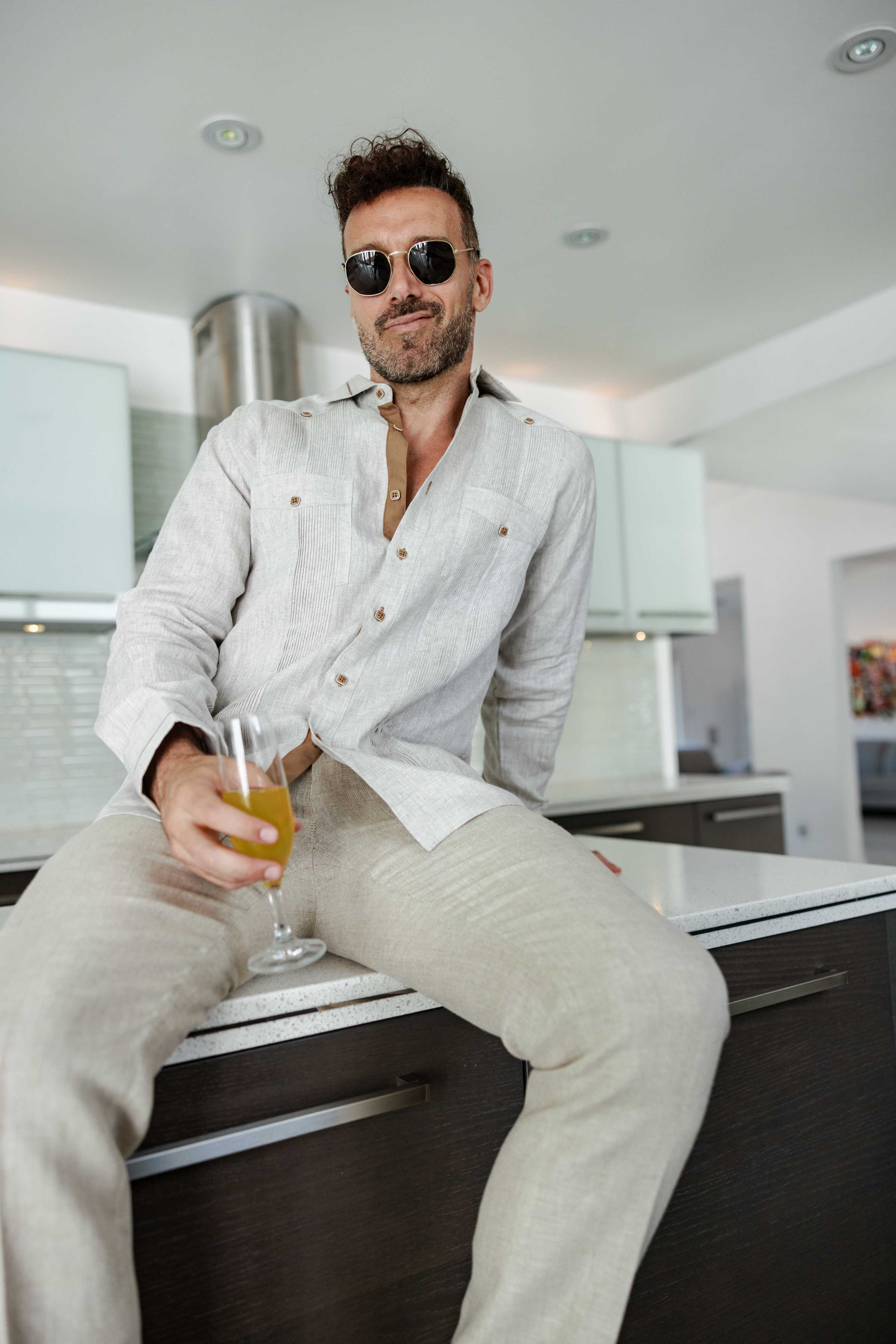 Men's 100% Linen Guayabera Shirt Long Sleeve - Contrast Vertical & Collar Accent Trim