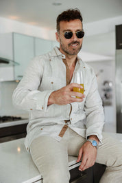 Men's 100% Linen Guayabera Shirt Long Sleeve - Contrast Vertical & Collar Accent Trim