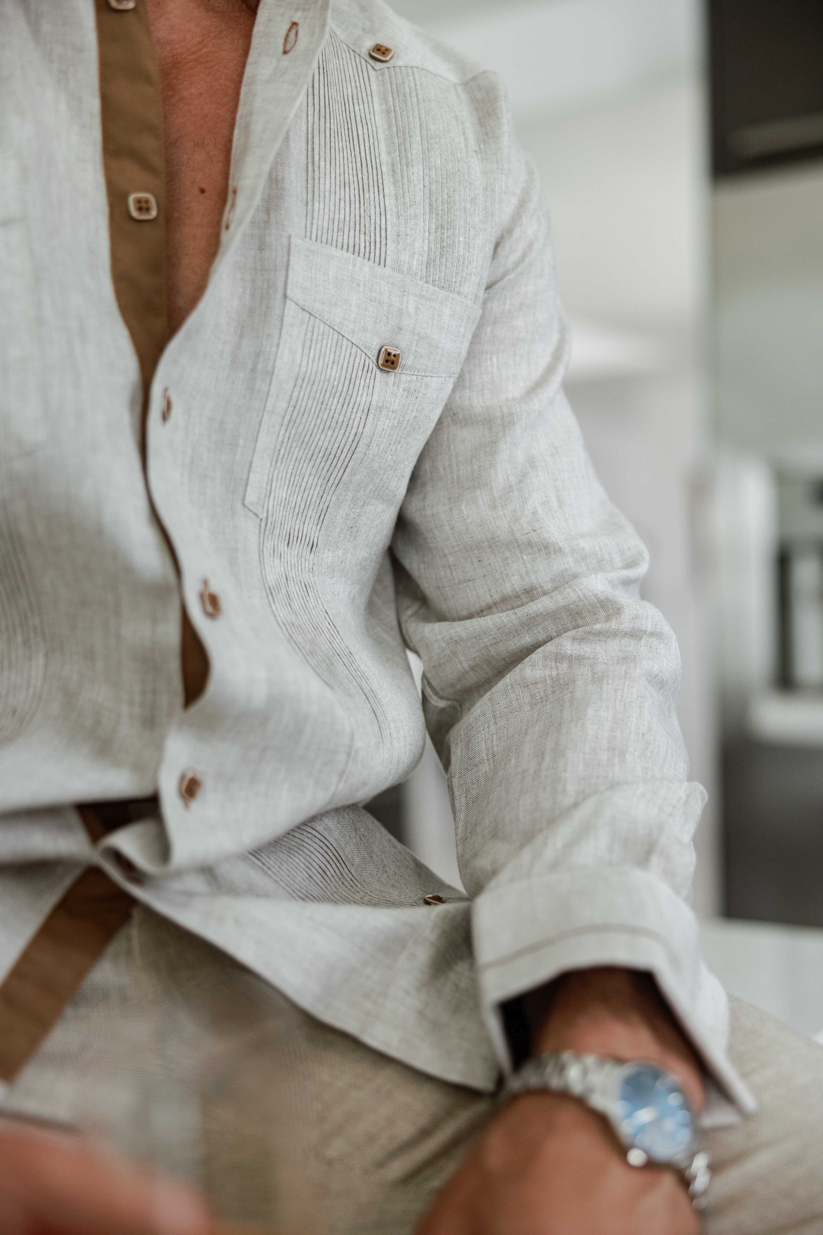 Men's 100% Linen Guayabera Shirt Long Sleeve - Contrast Vertical & Collar Accent Trim