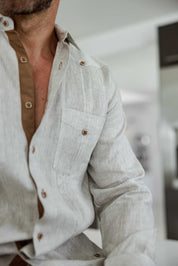 Men's 100% Linen Guayabera Shirt Long Sleeve - Contrast Vertical & Collar Accent Trim